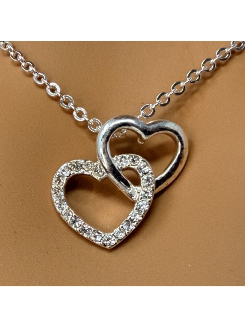 Vintage Double Heart Necklace Made with Swarovski Crystal Sterling Overlay Y2K - Picture 3 of 8